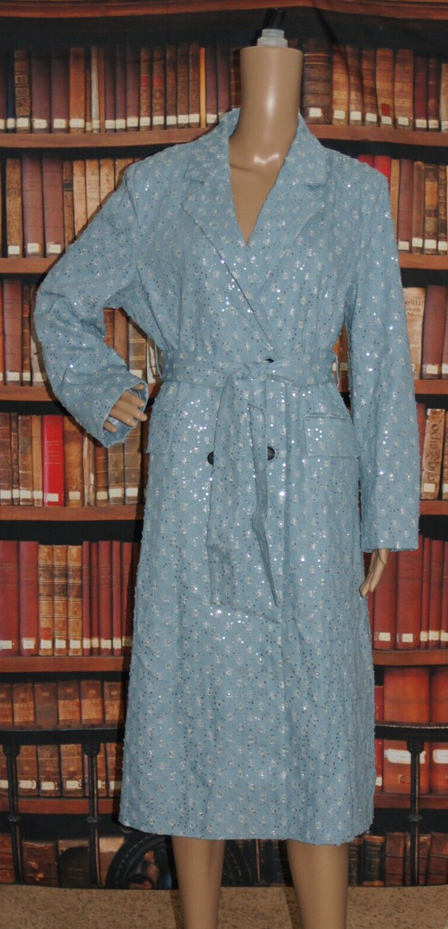 Light Blue Denim Sequin Trench Coat size XL (See Measurements)